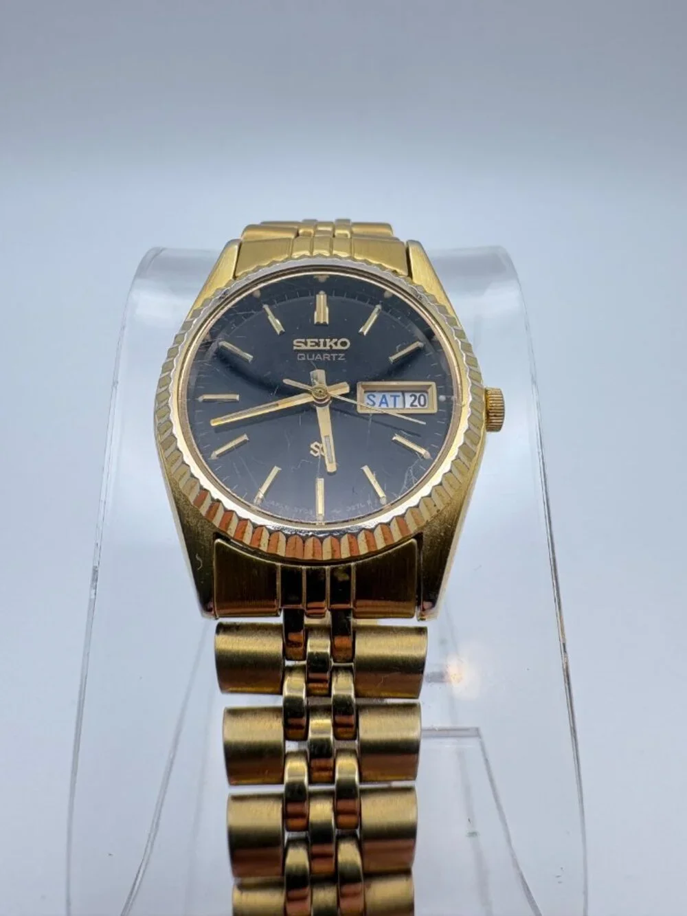 Vintage Seiko SQ Quartz Watch 3Y03-0169 Gold Tone Black Dial Fluted Bezel Parts